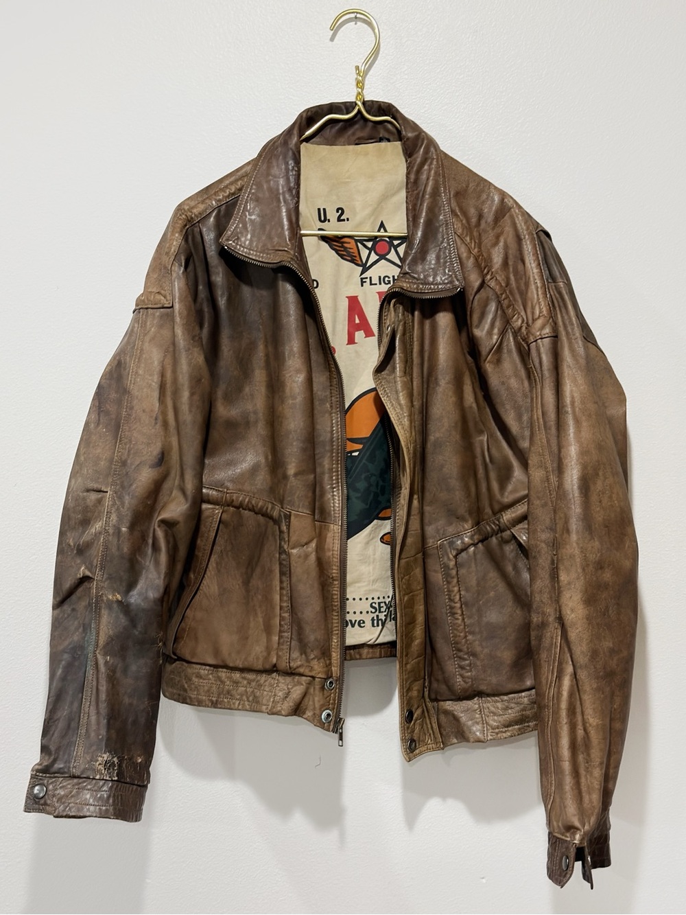 Vintage U2 Wear Me Out Bomber Jacket Mens Distressed Brown Leather Aviator